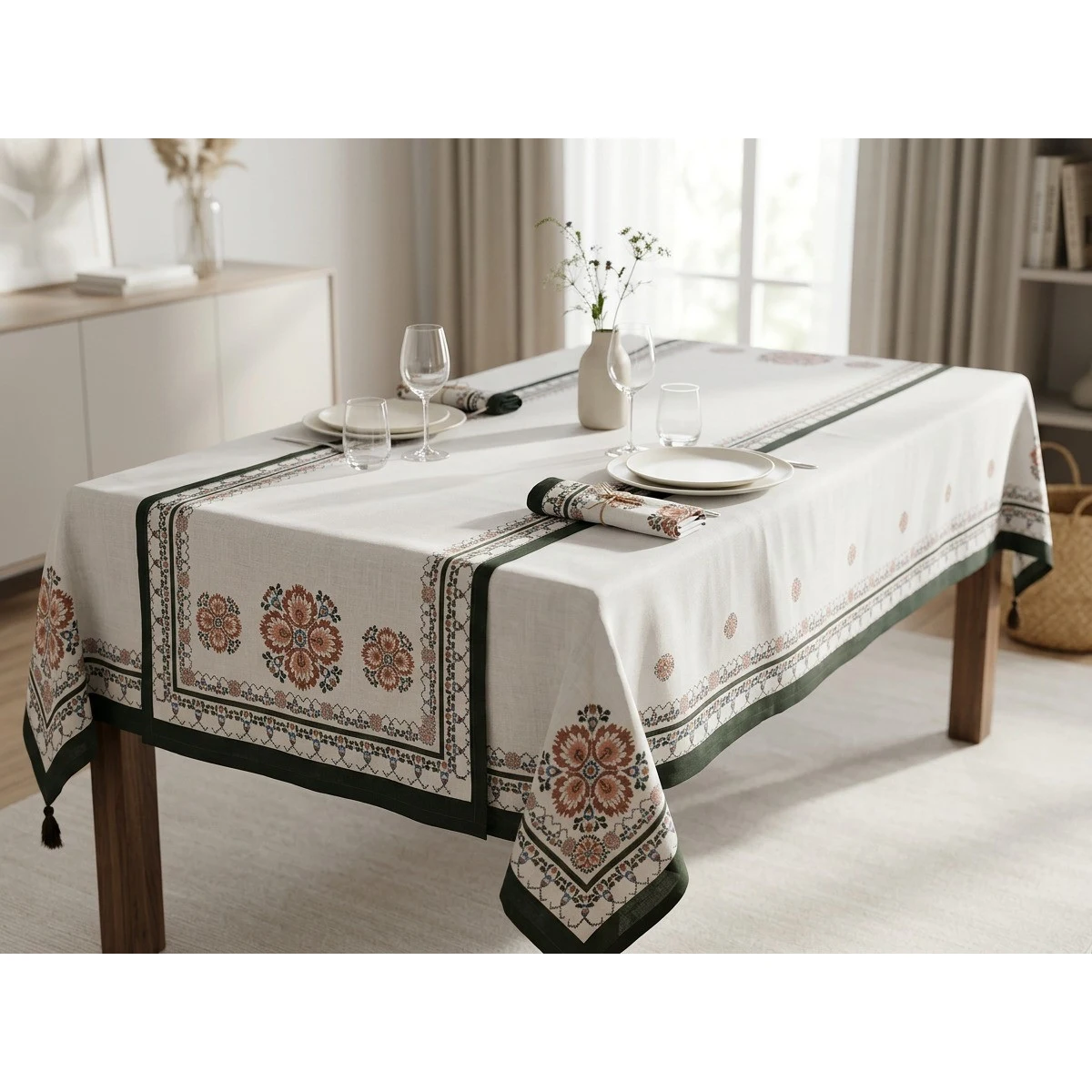 Manamo Cross Stitch Table Cloth Polyester Cream Digital Printed 160x320 cm