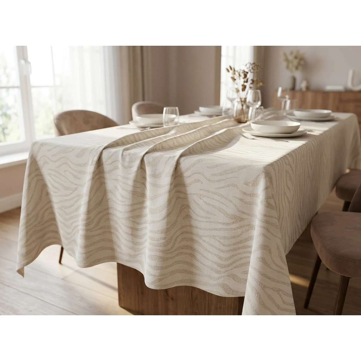 Manamo Zebra Table Cloth Polyester Cream Jacquared 160x320 cm