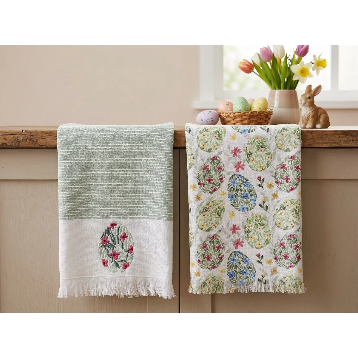 Manamo Floral Egg Kitchen Towel  Cotton Green Easter 50x70 cm (2pc)