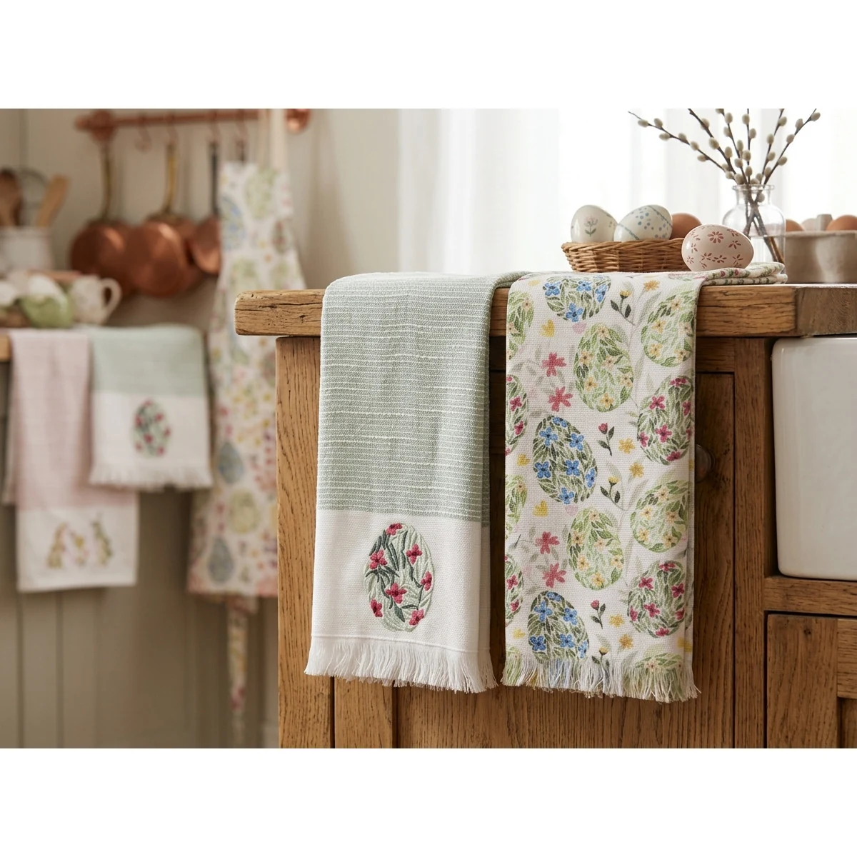 Manamo Floral Egg Kitchen Towel  Cotton Green Easter 50x70 cm (2pc)