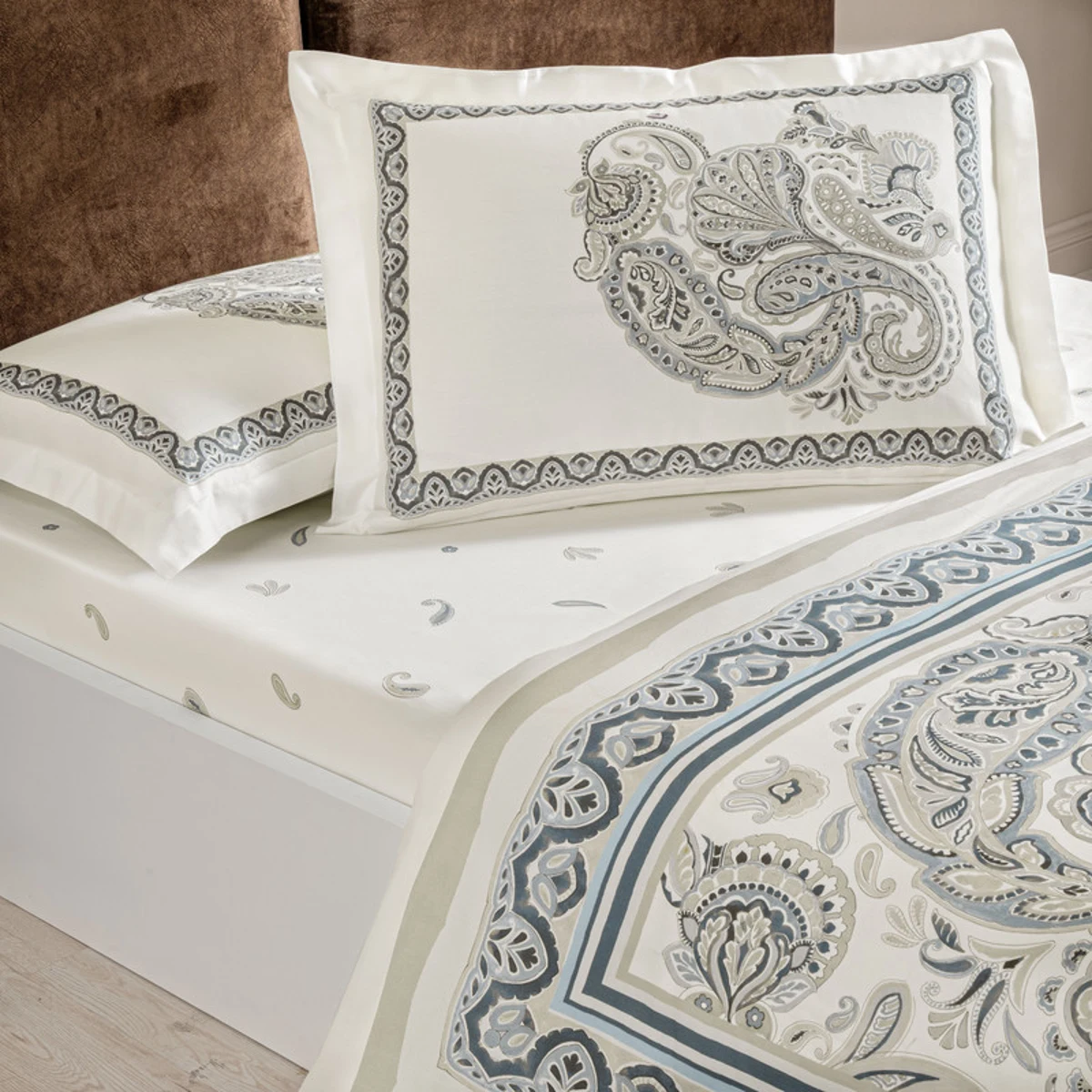 TAC Ivory Bed Linen Set Saten Blue Double 200x220+230x260+50x70(2pc)