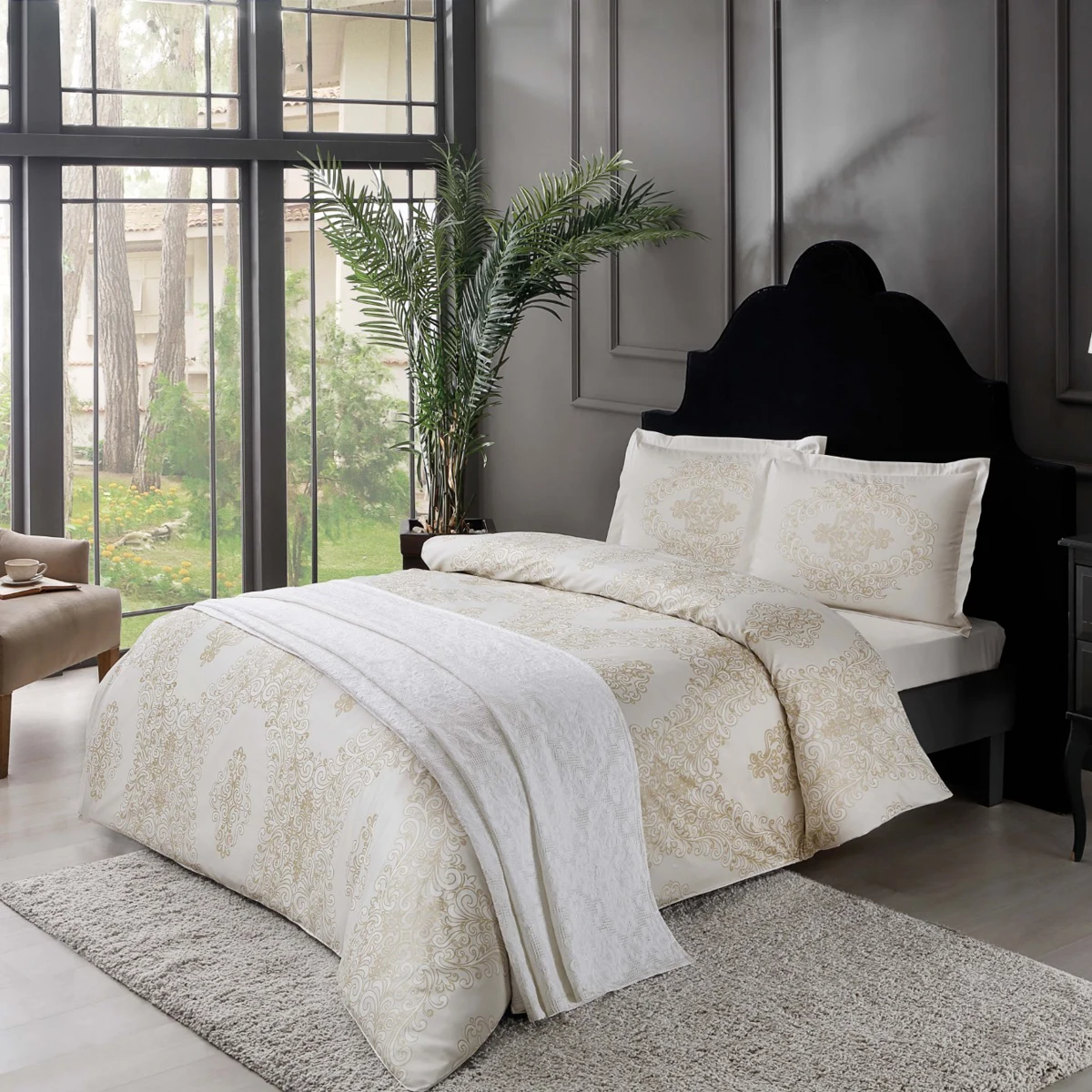 TAC Angel Bed Linen Set Saten Blue Double 200x220+230x260+50x70(2pc)