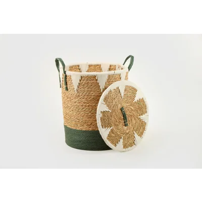 Manamo Lila Laundry Basket Wicker/Cotton Natural/White/Cameo Green  42x50 cm